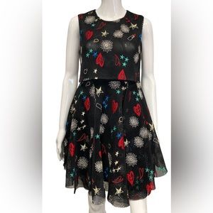 MAJE Black Mesh Embroidered Rachel Print Heart Lipstick Mini Dress (Size 6)